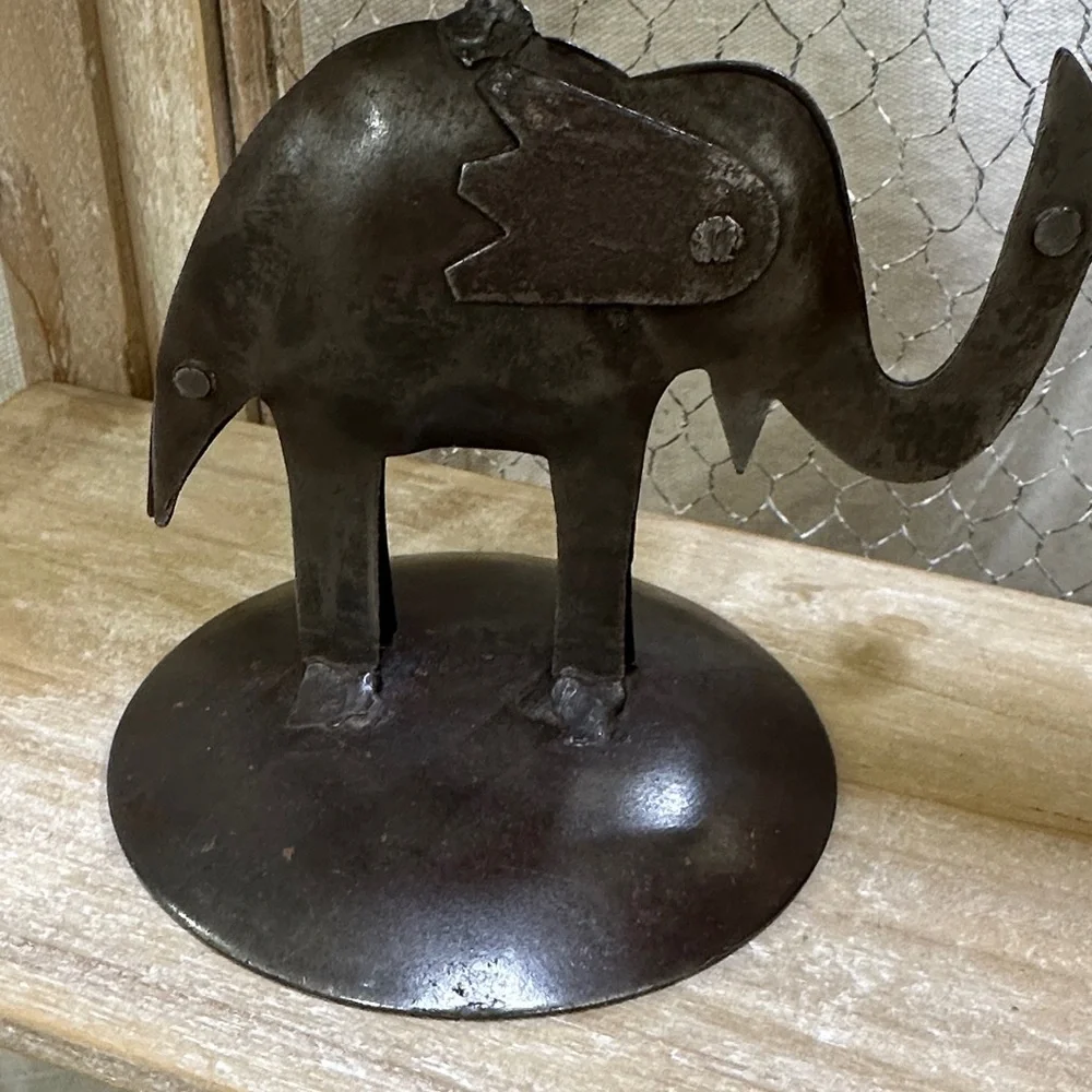 Preowned Metal Elephant Candle Holder - Rustic Dark Brown
